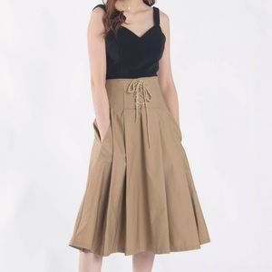 Khaki Fitted Waist Lace Up Detail Midi Skirt